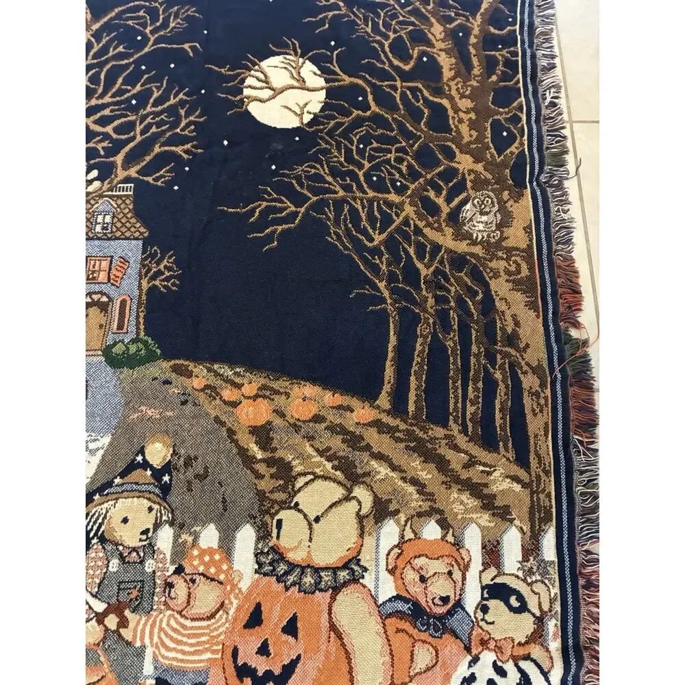 VTG 90s Goodwin Weavers Halloween Bears Trick or Treat Tapestry Throw Blanket